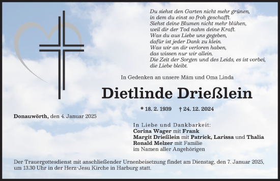 Traueranzeige von Dietlinde Drießlein von Donauwörther Zeitung