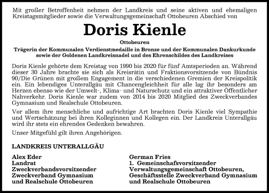 Traueranzeige von Doris Kienle von Augsburger Allgemeine, Mindelheimer Zeitung