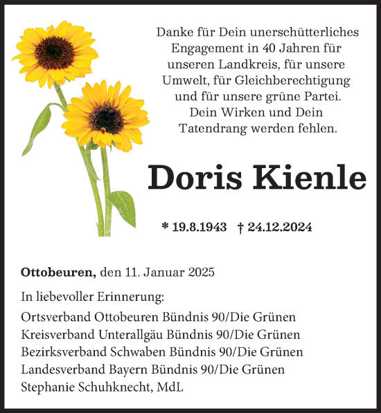 Traueranzeige von Doris Kienle von Augsburger Allgemeine, Mindelheimer Zeitung