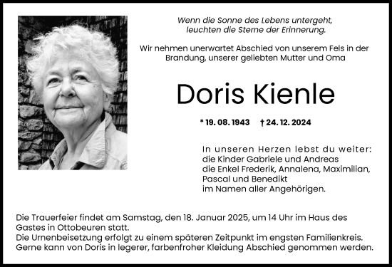 Traueranzeige von Doris Kienle von Augsburger Allgemeine, Mindelheimer Zeitung