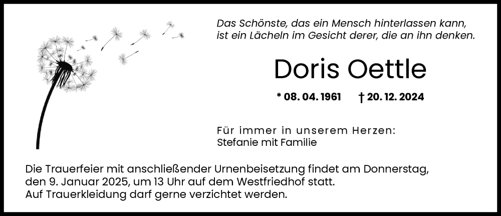  Traueranzeige für Doris Oettle vom 04.01.2025 aus Augsburger Allgemeine