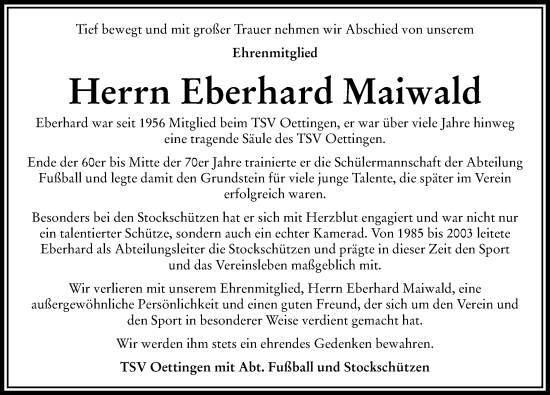 Traueranzeige von Eberhard Maiwald von Rieser Nachrichten