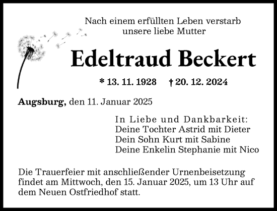 Traueranzeige von Edeltraud Beckert von Augsburger Allgemeine