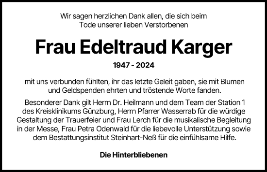 Traueranzeige von Edeltraud Karger von Günzburger Zeitung