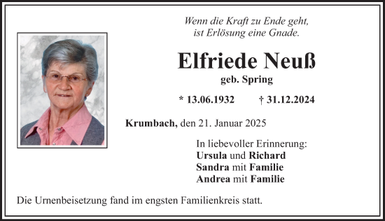 Traueranzeige von Elfriede Neuß von Mittelschwäbische Nachrichten