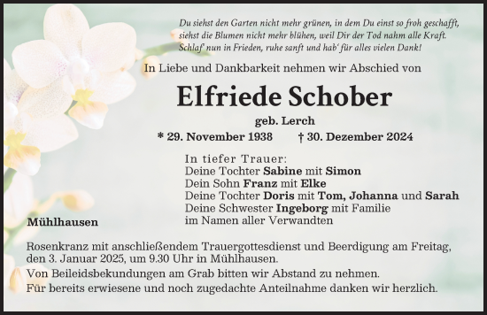 Traueranzeige von Elfriede Schober von Aichacher Nachrichten