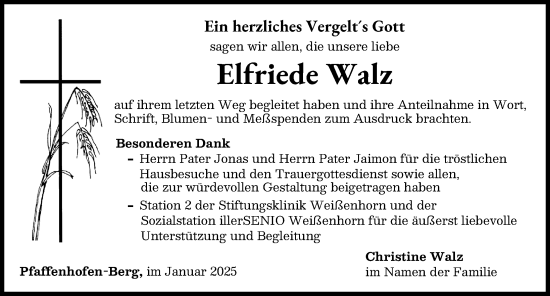 Traueranzeige von Elfriede Walz von Neu-Ulmer Zeitung
