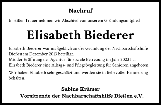 Traueranzeige von Elisabeth Biederer von Ammersee Kurier
