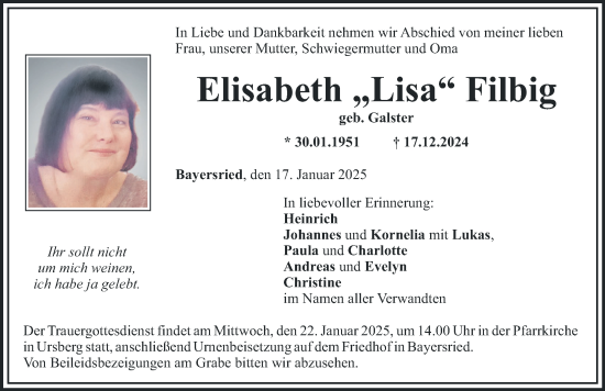 Traueranzeige von Elisabeth Filbig von Mittelschwäbische Nachrichten