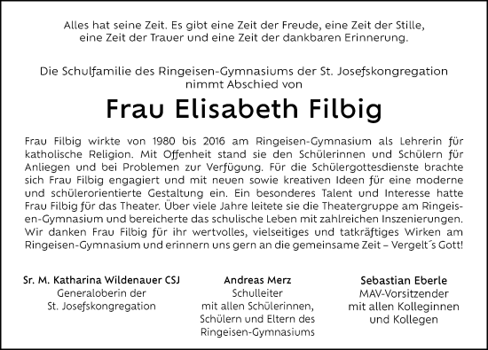 Traueranzeige von Elisabeth Filbig von Augsburg-Land, Mittelschwäbische Nachrichten
