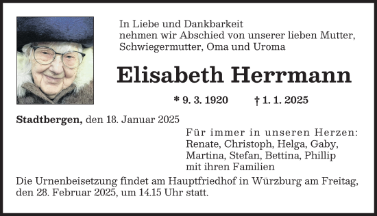Traueranzeige von Elisabeth Herrmann von Augsburger Allgemeine