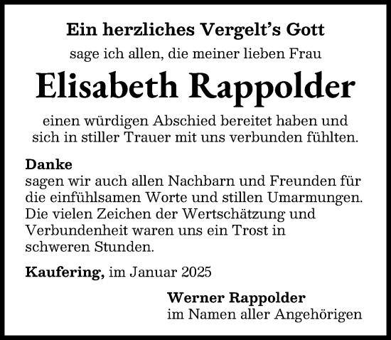 Traueranzeige von Elisabeth Rappolder von Landsberger Tagblatt