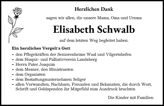 Traueranzeige von Elisabeth Schwalb von Landsberger Tagblatt