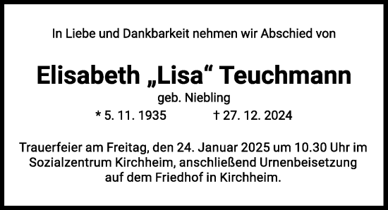 Traueranzeige von Elisabeth Teuchmann von Mindelheimer Zeitung