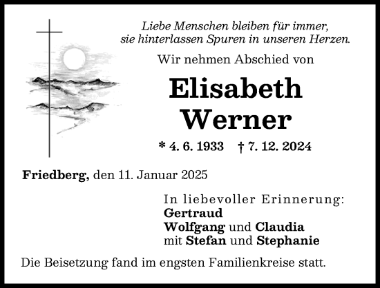 Traueranzeige von Elisabeth Werner von Friedberger Allgemeine
