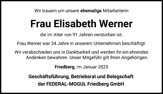 Traueranzeige von Elisabeth Werner von Friedberger Allgemeine