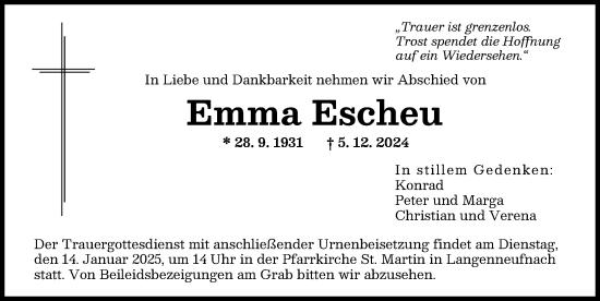 Traueranzeige von Emma Escheu von Augsburger Allgemeine