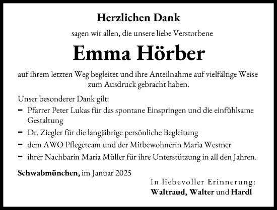 Traueranzeige von Emma Hörber von Schwabmünchner Allgemeine