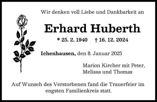 Traueranzeige von Erhard Huberth von Günzburger Zeitung