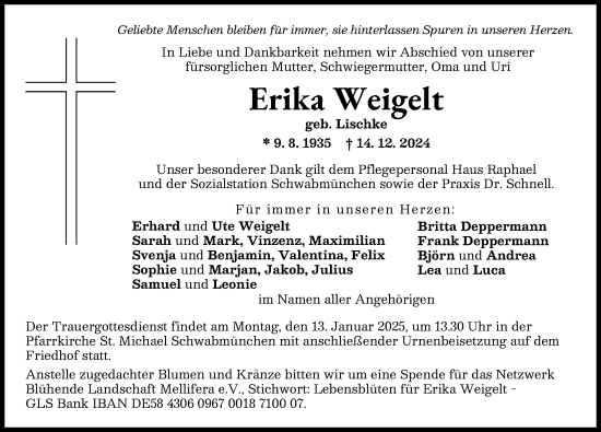Traueranzeige von Erika Weigelt von Schwabmünchner Allgemeine
