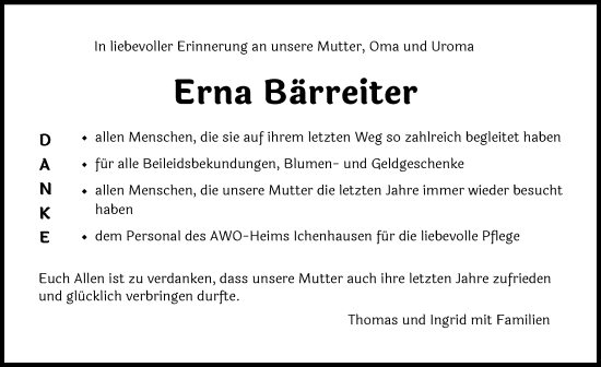 Traueranzeige von Erna Bärreiter von Günzburger Zeitung