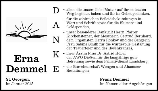 Traueranzeige von Erna Demmel von Ammersee Kurier