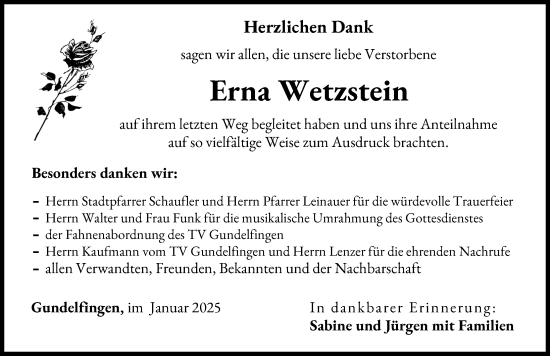 Traueranzeige von Erna Wetzstein von Donau Zeitung