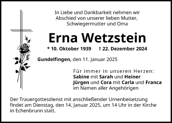 Traueranzeige von Erna Wetzstein von Donau Zeitung