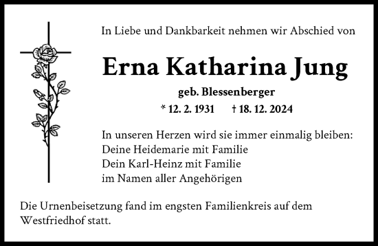 Traueranzeige von Erna Katharina Jung von Augsburger Allgemeine