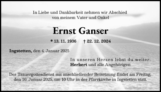 Traueranzeige von Ernst Ganser von Neu-Ulmer Zeitung