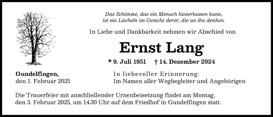 Traueranzeige von Ernst Lang von Donau Zeitung