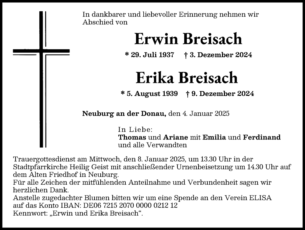 Traueranzeige für Erwin Breisach vom 04.01.2025 aus Neuburger Rundschau