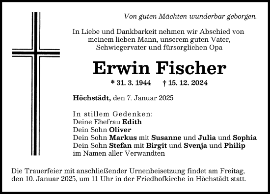 Traueranzeige von Erwin Fischer von Donau Zeitung