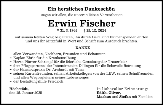 Traueranzeige von Erwin Fischer von Donau Zeitung