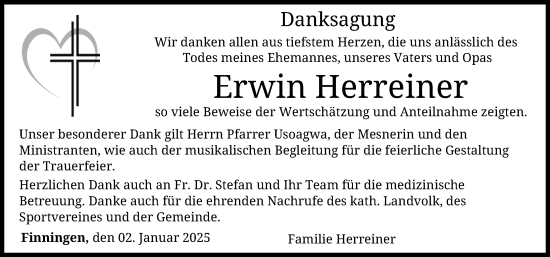 Traueranzeige von Erwin Herreiner von Donau Zeitung