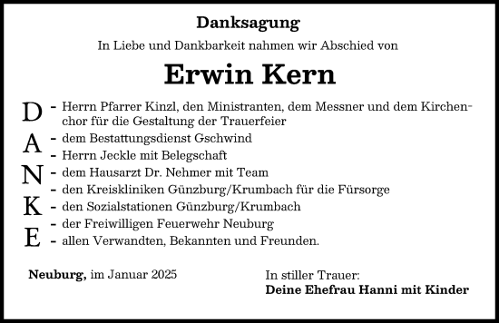 Traueranzeige von Erwin Kern von Mittelschwäbische Nachrichten