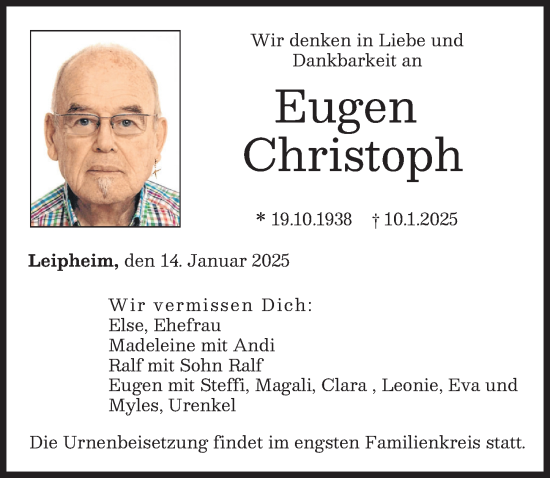 Traueranzeige von Eugen Christoph von Günzburger Zeitung