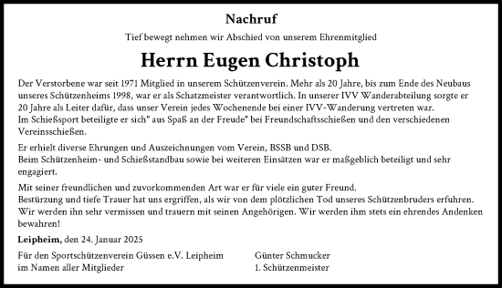 Traueranzeige von Eugen Christoph von Günzburger Zeitung
