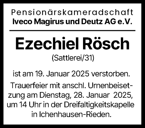 Traueranzeige von Ezechiel Rösch von Illertisser Zeitung, Günzburger Zeitung, Neu-Ulmer Zeitung