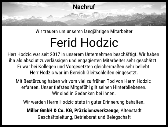 Traueranzeige von Ferid Hodzic von Illertisser Zeitung