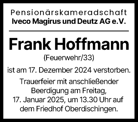 Traueranzeige von Frank Hoffmann von Illertisser Zeitung, Günzburger Zeitung, Neu-Ulmer Zeitung