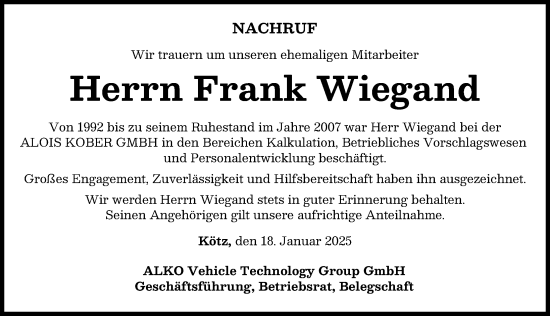 Traueranzeige von Frank Wiegand von Günzburger Zeitung