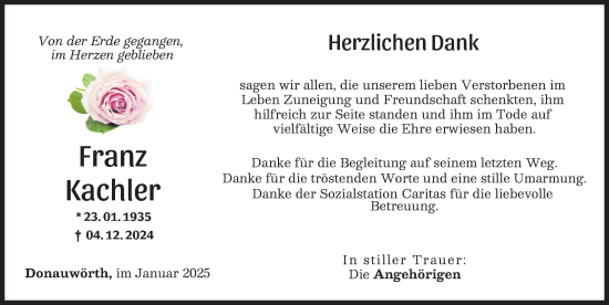 Traueranzeige von Franz Kachler von Donauwörther Zeitung