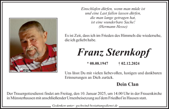 Traueranzeige von Franz Sternkopf von Mittelschwäbische Nachrichten