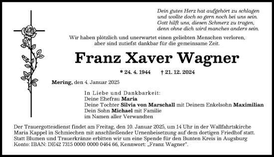 Traueranzeige von Franz  Wagner von Friedberger Allgemeine