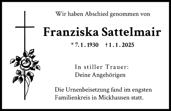 Traueranzeige von Franziska Sattelmair von Schwabmünchner Allgemeine