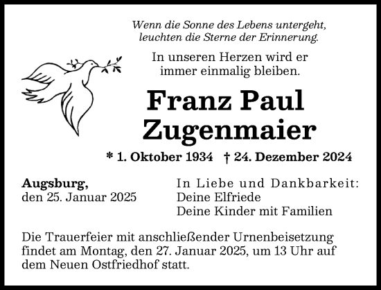 Traueranzeige von Franz Paul Zugenmaier von Augsburger Allgemeine