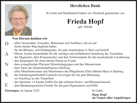 Traueranzeige von Frieda Hopf von Rieser Nachrichten