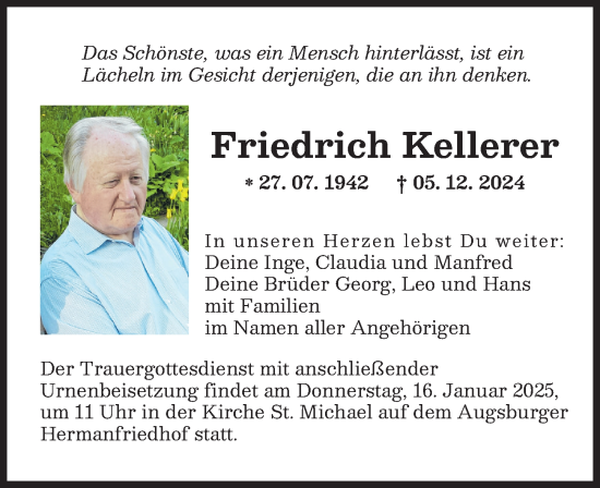 Traueranzeige von Friedrich Kellerer von Friedberger Allgemeine