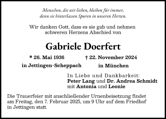 Traueranzeige von Gabriele Doerfert von Günzburger Zeitung